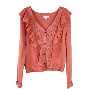 LC Lauren Conrad Coral Pink Ruffled V-Neck Cardigan